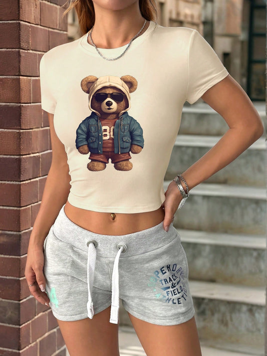 INAWLY Camiseta de manga corta de cuello redondo y ajuste ceñido con patrón de oso cool para mujeres