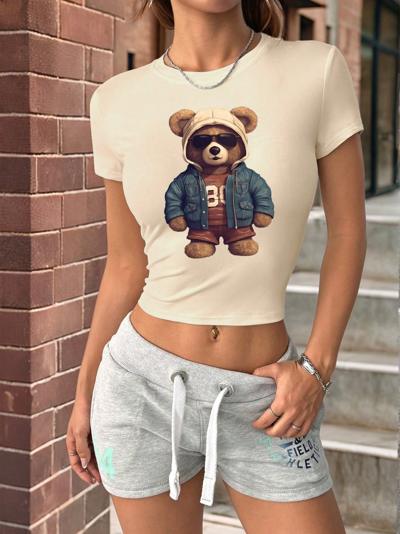 INAWLY Camiseta de manga corta de cuello redondo y ajuste ceñido con patrón de oso cool para mujeres