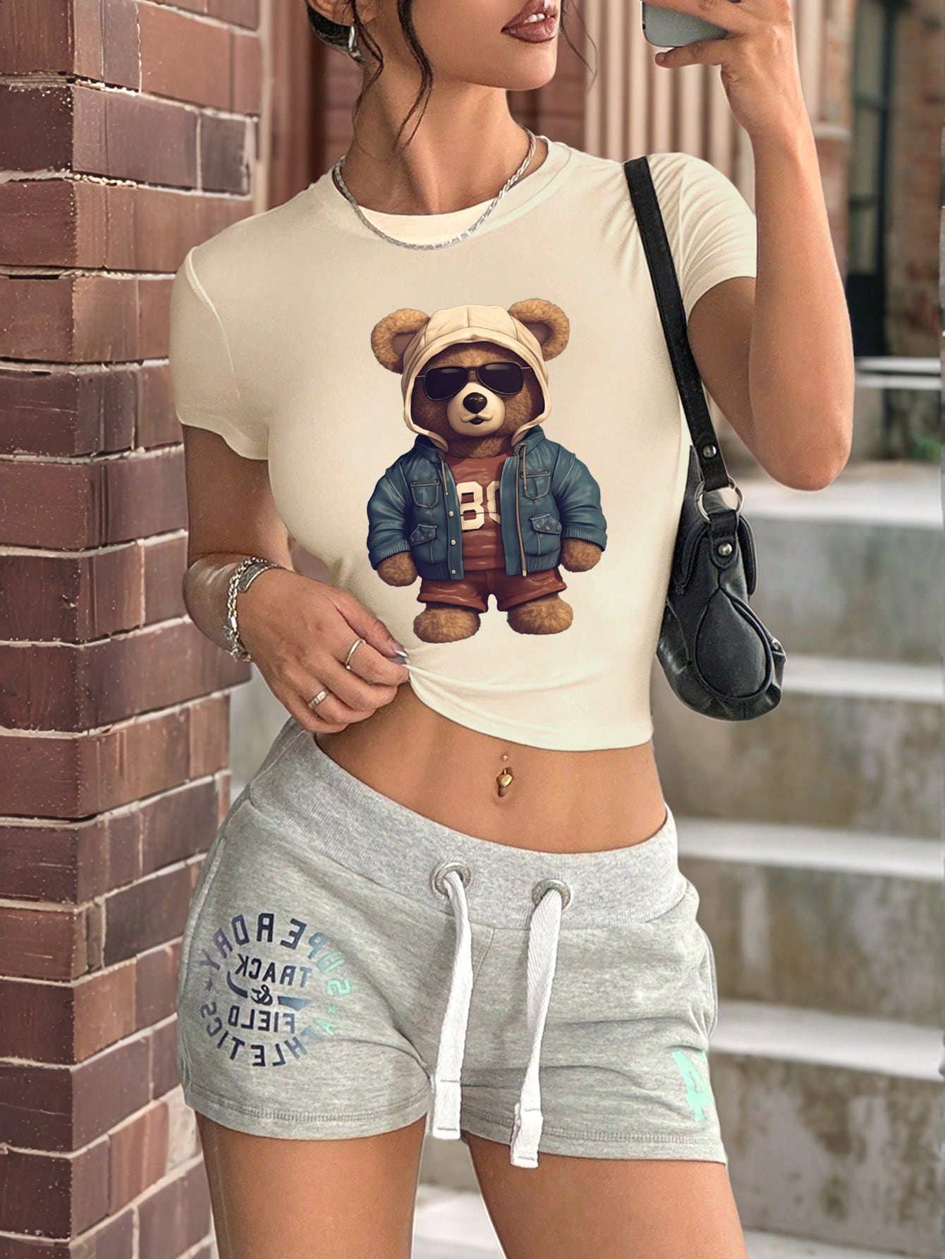 INAWLY Camiseta de manga corta de cuello redondo y ajuste ceñido con patrón de oso cool para mujeres