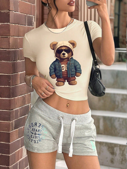 INAWLY Camiseta de manga corta de cuello redondo y ajuste ceñido con patrón de oso cool para mujeres