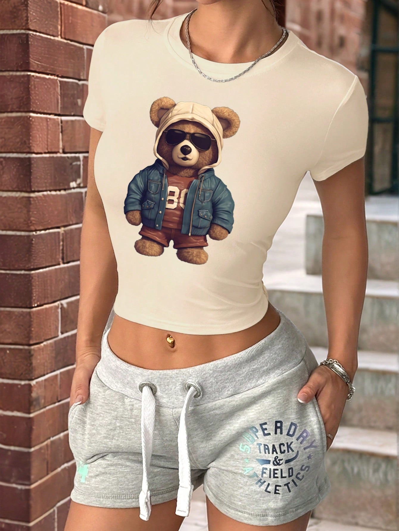 INAWLY Camiseta de manga corta de cuello redondo y ajuste ceñido con patrón de oso cool para mujeres