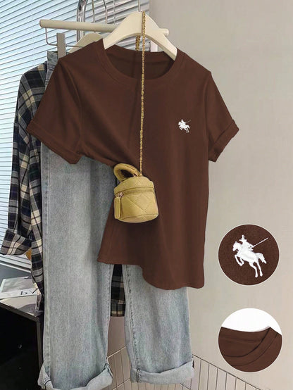 INAWLY Camiseta de manga corta de verano para mujer con cuello redondo, estampado de caballero, de moda y cómoda