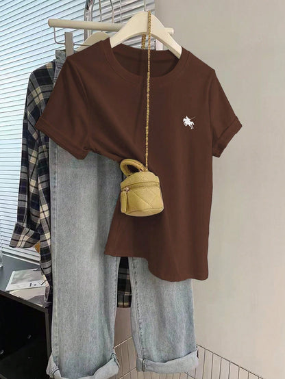 INAWLY Camiseta de manga corta de verano para mujer con cuello redondo, estampado de caballero, de moda y cómoda