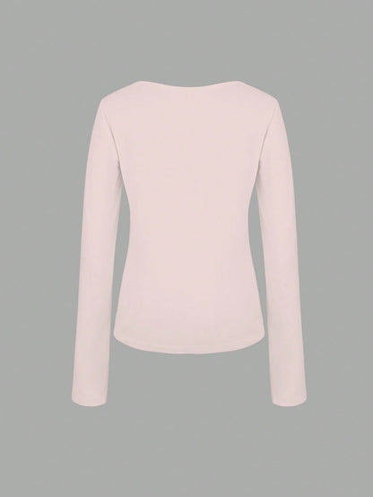 INAWLY Camiseta de manga larga ajustada para mujer con detalles de encaje y lazo en contraste