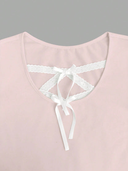 INAWLY Camiseta de manga larga ajustada para mujer con detalles de encaje y lazo en contraste
