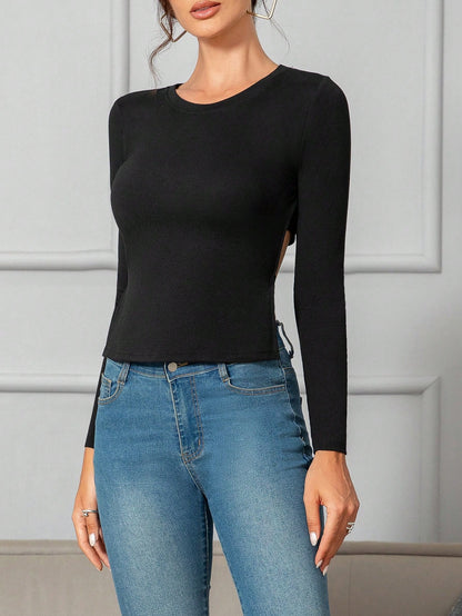 INAWLY Camiseta de manga larga con cuello redondo, espalda abierta y tirantes con lazo, elegante y suave, blusa de otoño para mujer