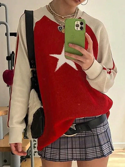 INAWLY Sudadera de cuello redondo casual de mujer con estampado de estrella de color contrastante, para primavera/otoño