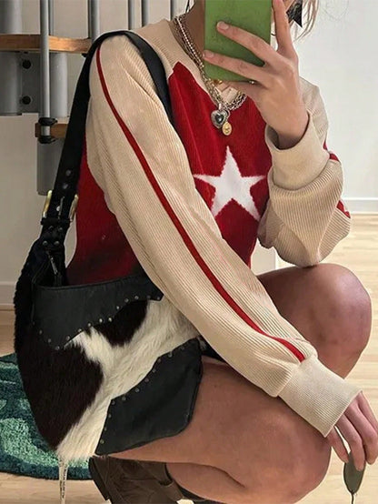 INAWLY Sudadera de cuello redondo casual de mujer con estampado de estrella de color contrastante, para primavera/otoño