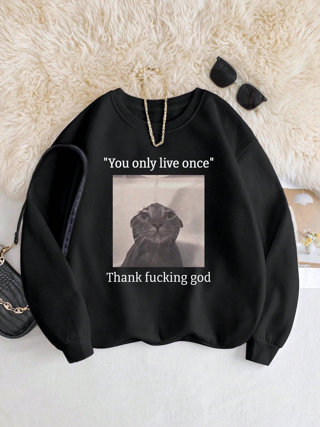 INAWLY Sudadera de cuello redondo para mujer con gráfico de gato y eslogan interesante