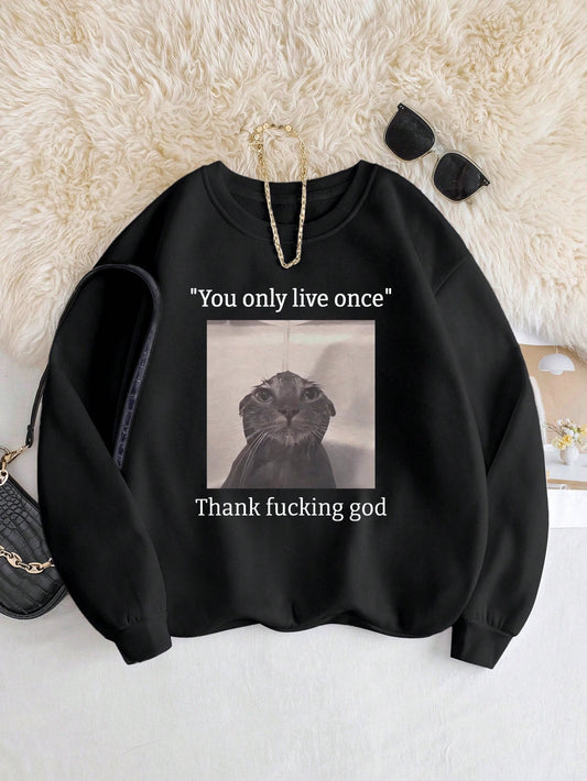 INAWLY Sudadera de cuello redondo para mujer con gráfico de gato y eslogan interesante