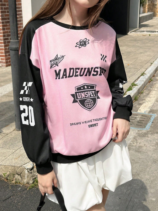 INAWLY Sudadera de mujer con cuello redondo en color rosa y negro, estilo de moda de calle para el otoño