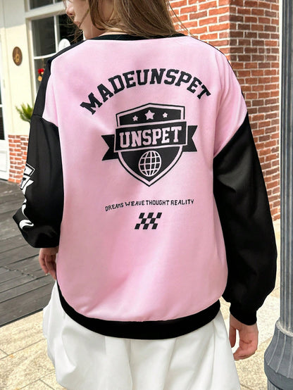 INAWLY Sudadera de mujer con cuello redondo en color rosa y negro, estilo de moda de calle para el otoño