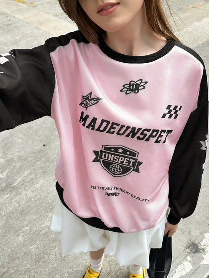 INAWLY Sudadera de mujer con cuello redondo en color rosa y negro, estilo de moda de calle para el otoño