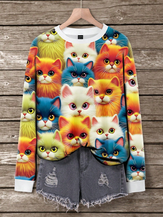 INAWLY Sudadera de mujer con cuello redondo, hombros caídos y mangas largas con estampado colorido de gatos y animales