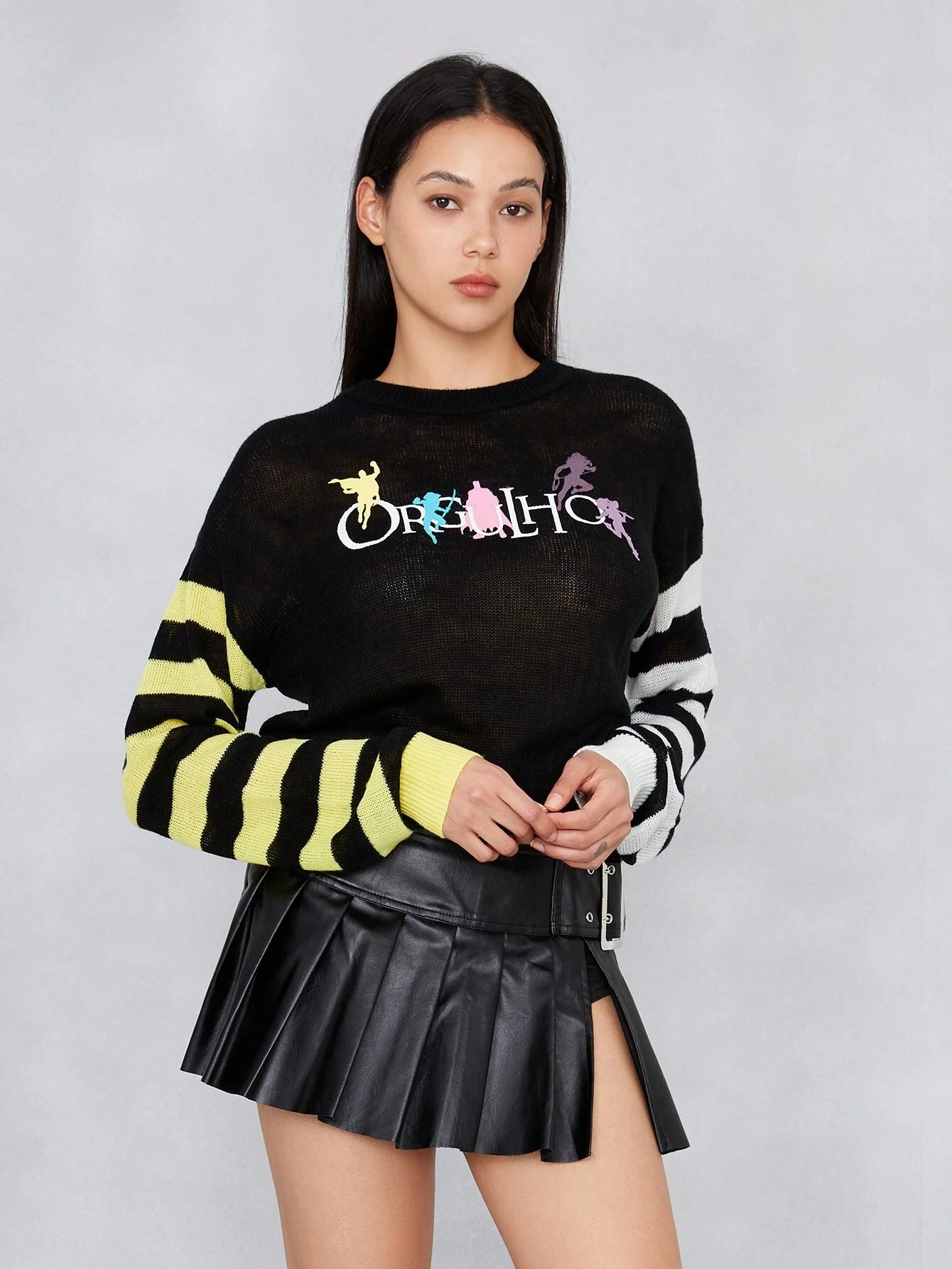 JUSTICE LEAGUE X SHEIN Suéter De Hombros Caídos Con Bloques De Color A Rayas Y Estampado De Personajes Y Letras