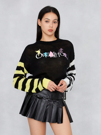 JUSTICE LEAGUE X SHEIN Suéter De Hombros Caídos Con Bloques De Color A Rayas Y Estampado De Personajes Y Letras