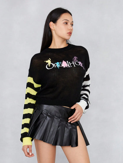 JUSTICE LEAGUE X SHEIN Suéter De Hombros Caídos Con Bloques De Color A Rayas Y Estampado De Personajes Y Letras