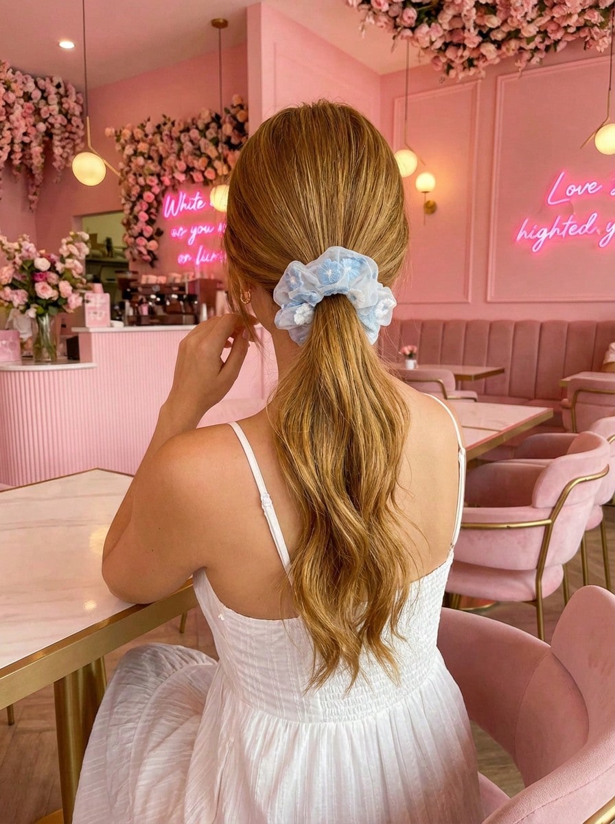 Joivida 2 paquetes de coleteros de gasa con bordado de flores dulces en rosa y azul, accesorios para el cabello suaves, elásticos y sin deslizamiento para mujeres, diseño elegante para fiestas, viajes, día a día y bodas