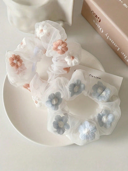 Joivida 2 paquetes de coleteros de gasa con bordado de flores dulces en rosa y azul, accesorios para el cabello suaves, elásticos y sin deslizamiento para mujeres, diseño elegante para fiestas, viajes, día a día y bodas