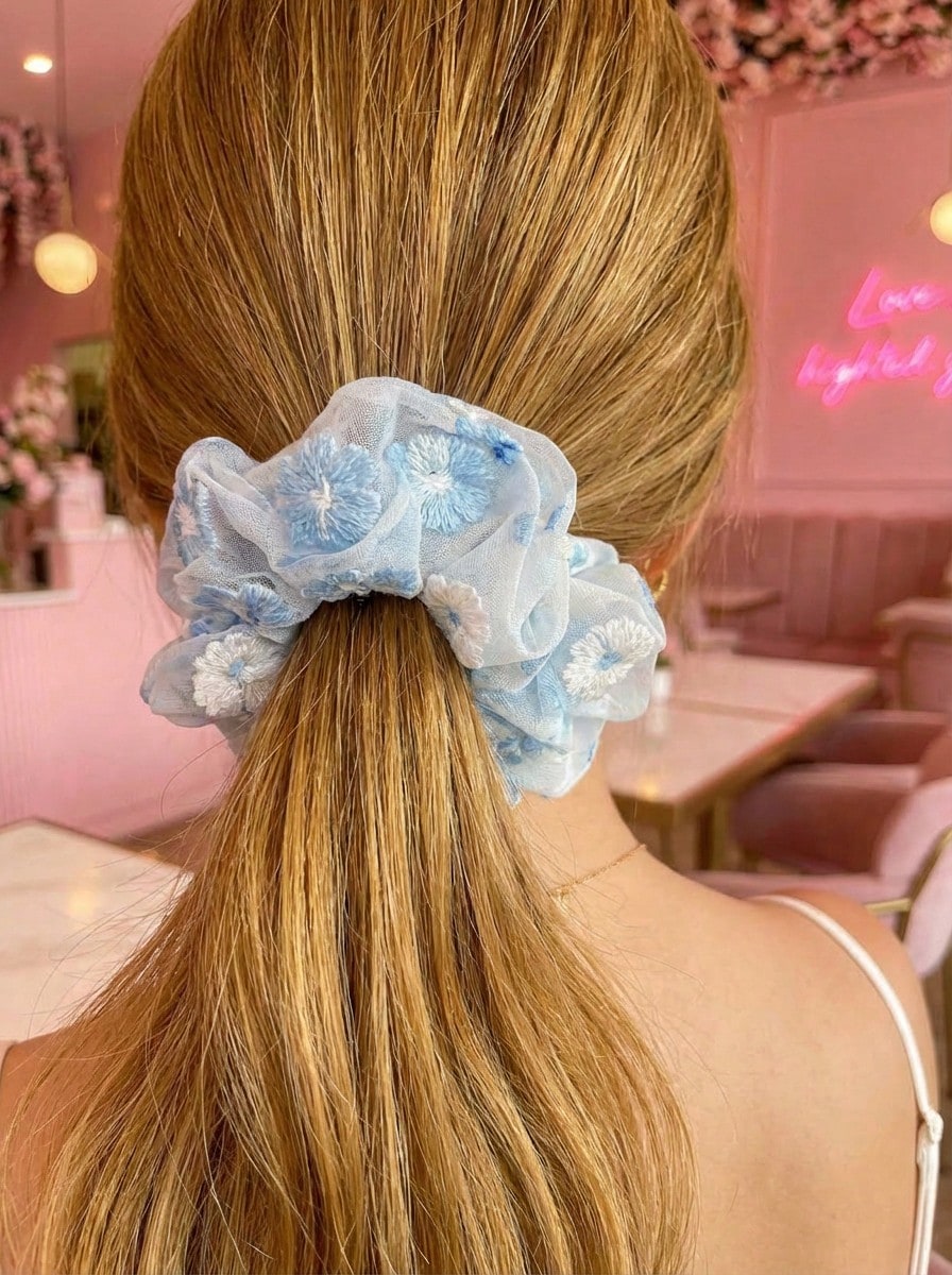 Joivida 2 paquetes de coleteros de gasa con bordado de flores dulces en rosa y azul, accesorios para el cabello suaves, elásticos y sin deslizamiento para mujeres, diseño elegante para fiestas, viajes, día a día y bodas