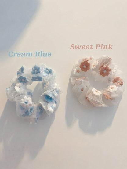 Joivida 2 paquetes de coleteros de gasa con bordado de flores dulces en rosa y azul, accesorios para el cabello suaves, elásticos y sin deslizamiento para mujeres, diseño elegante para fiestas, viajes, día a día y bodas