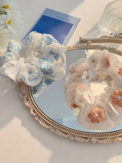 Joivida 2 paquetes de coleteros de gasa con bordado de flores dulces en rosa y azul, accesorios para el cabello suaves, elásticos y sin deslizamiento para mujeres, diseño elegante para fiestas, viajes, día a día y bodas