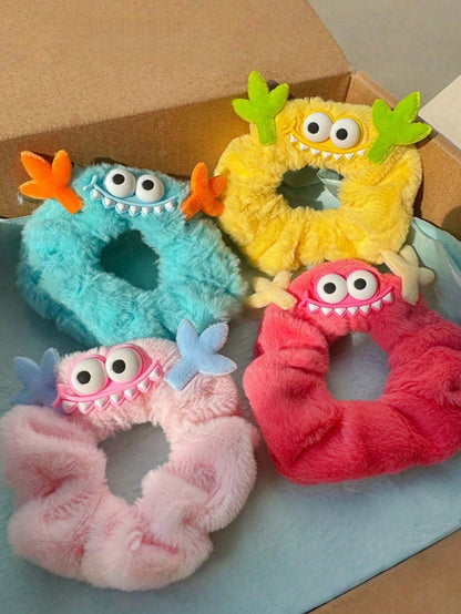 Joivida 4 piezas Lazos para el cabello de peluche de monstruo lindo para mujeres - Scrunchies de pelo suaves y esponjosos en colores surtidos (azul, verde, rosa, amarillo) - Bandas elásticas para el cabello con estilo de