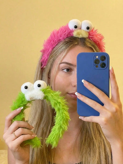Joivida Diadema de lavado con cara de monstruo lindo, banda para el cabello de felpa con boca de salchicha de ojos grandes, accesorio suave para el maquillaje y el cuidado de la piel, artículo esencial divertido para el