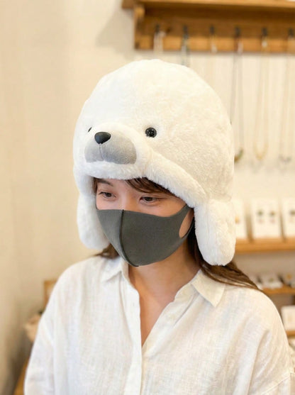 Joivida Gorro de foca blanco para adultos con doble capa, gorro de invierno cálido con orejeras, con cola y orejas de peluche suave, tema animal, accesorios de disfraz para fiesta, Navidad, regalos novedosos y acogedores