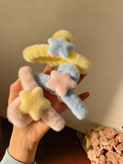 Joivida Pinza de pelo con diseño de estrella de cinco puntas de gran tamaño de felpa, accesorio de pelo con diseño de aleta de tiburón y corazón para mujer, ideal para el otoño y el invierno, pinza de pelo linda para el