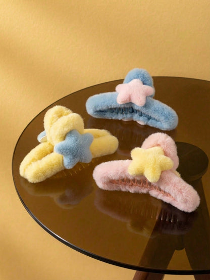 Joivida Pinza de pelo con diseño de estrella de cinco puntas de gran tamaño de felpa, accesorio de pelo con diseño de aleta de tiburón y corazón para mujer, ideal para el otoño y el invierno, pinza de pelo linda para el