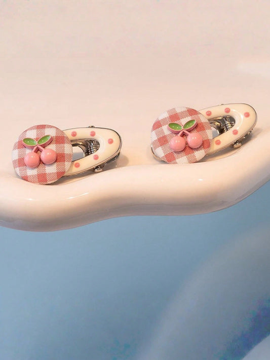 Zazumi Set de 4 piezas de pasadores de cabello con estilo coreano con motivo de flores de cerezo para mujeres - Pasadores con lunares rosados y a cuadros tipo lazo con motivo de cerezas, accesorios de cabello pequeños y