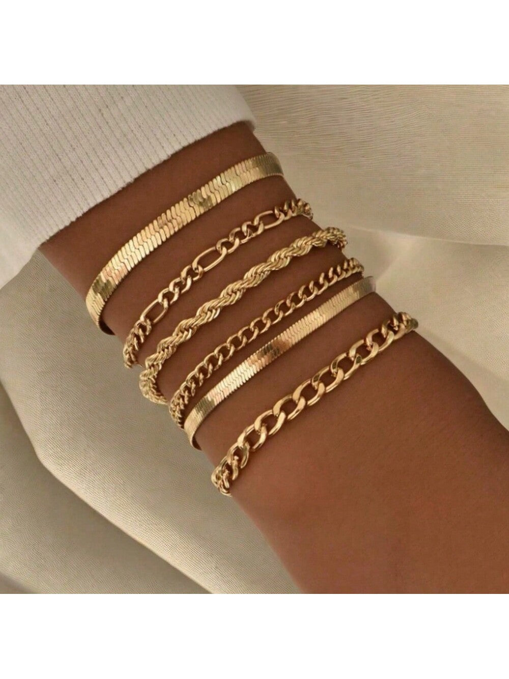 Juego de 6 piezas de pulsera de cadena de hoja de metal multicapa de estilo bohemio elegante, regalo de joyería elegante para mujeres