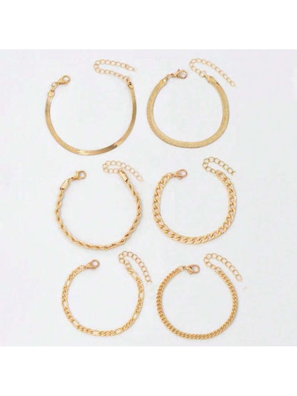 Juego de 6 piezas de pulsera de cadena de hoja de metal multicapa de estilo bohemio elegante, regalo de joyería elegante para mujeres
