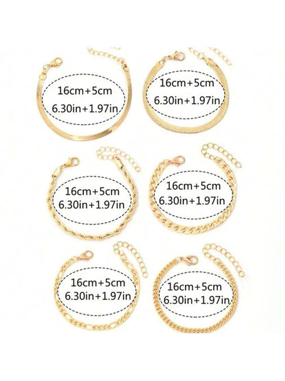 Juego de 6 piezas de pulsera de cadena de hoja de metal multicapa de estilo bohemio elegante, regalo de joyería elegante para mujeres