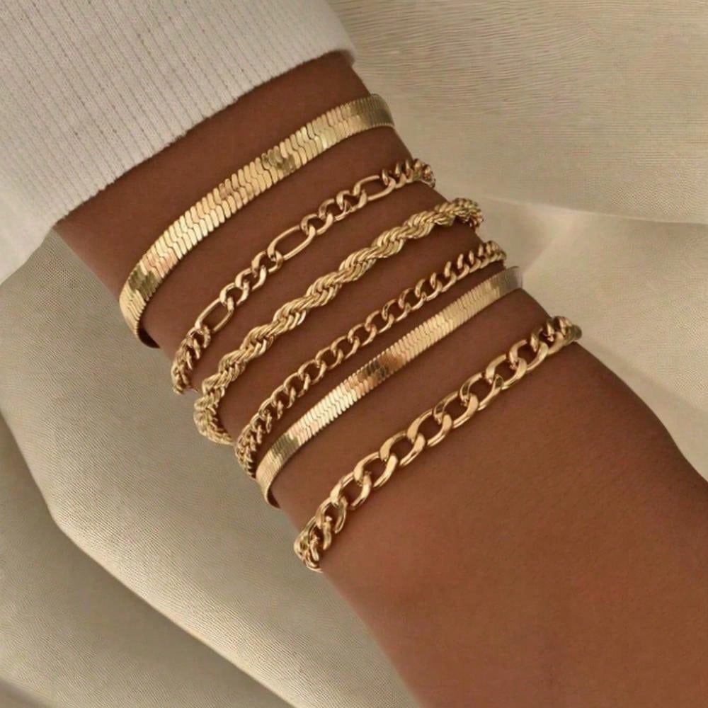 Juego de 6 piezas de pulsera de cadena de hoja de metal multicapa de estilo bohemio elegante, regalo de joyería elegante para mujeres