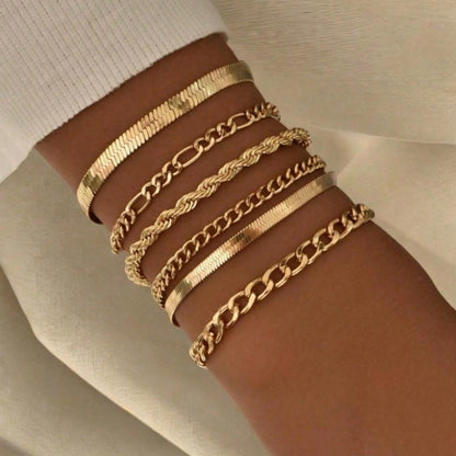 Juego de 6 piezas de pulsera de cadena de hoja de metal multicapa de estilo bohemio elegante, regalo de joyería elegante para mujeres