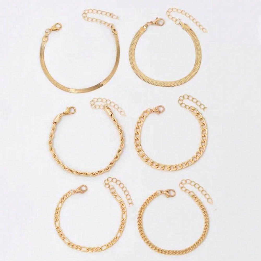 Juego de 6 piezas de pulsera de cadena de hoja de metal multicapa de estilo bohemio elegante, regalo de joyería elegante para mujeres