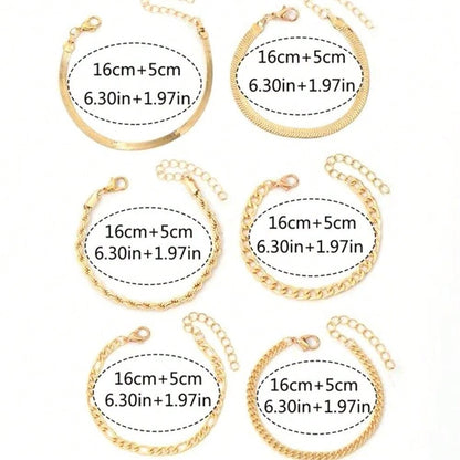 Juego de 6 piezas de pulsera de cadena de hoja de metal multicapa de estilo bohemio elegante, regalo de joyería elegante para mujeres
