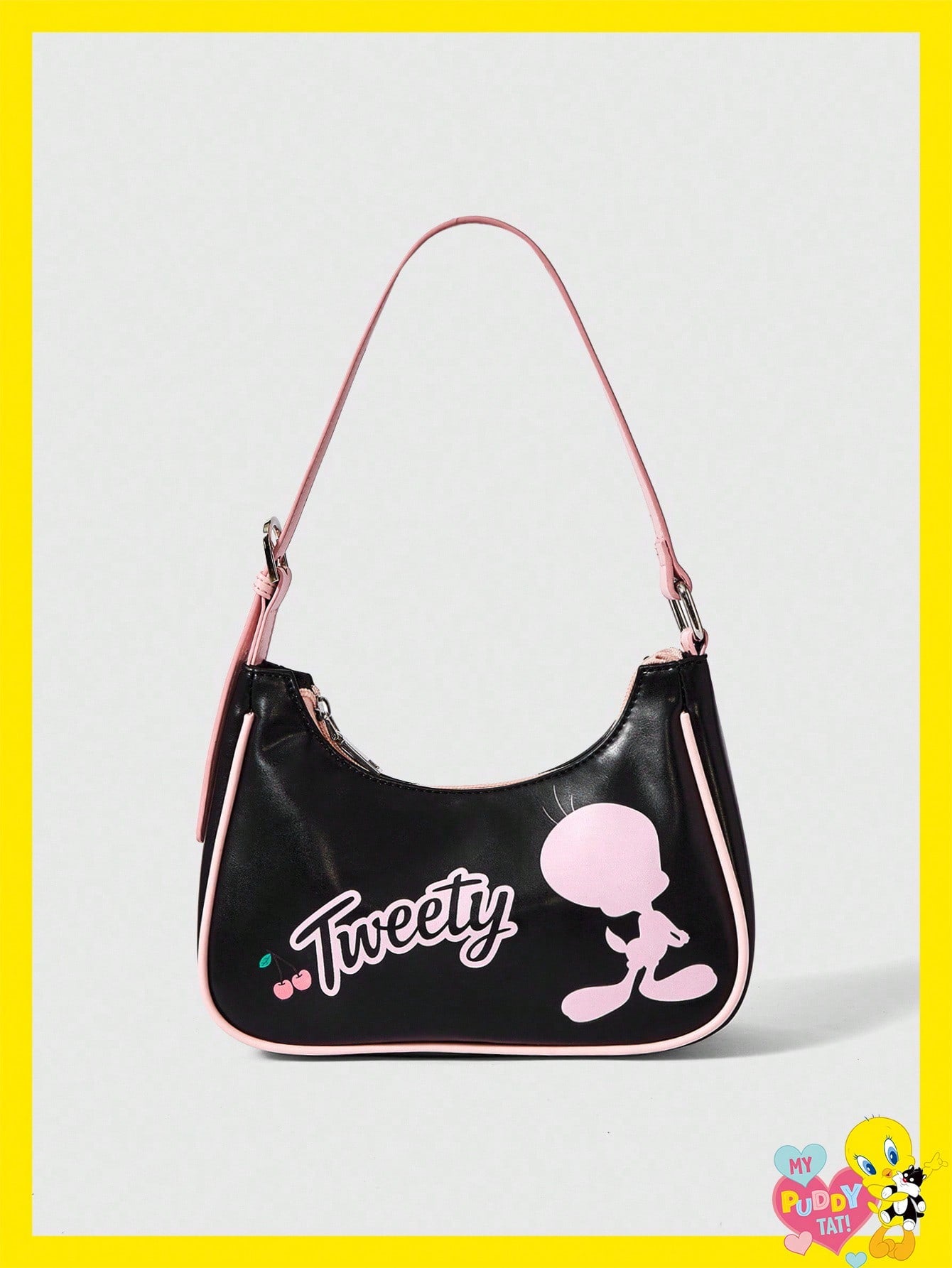 LOONEY TUNES X SHEIN Bolso de contraste negro y rosa con estampado de cerezas, estilo de señorita joven, versátil para salidas diarias y citas