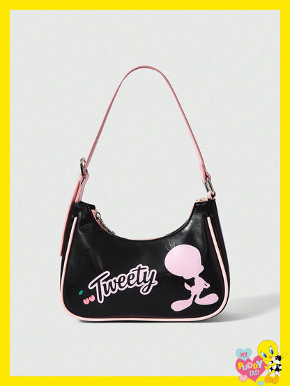 LOONEY TUNES X SHEIN Bolso de contraste negro y rosa con estampado de cerezas, estilo de señorita joven, versátil para salidas diarias y citas