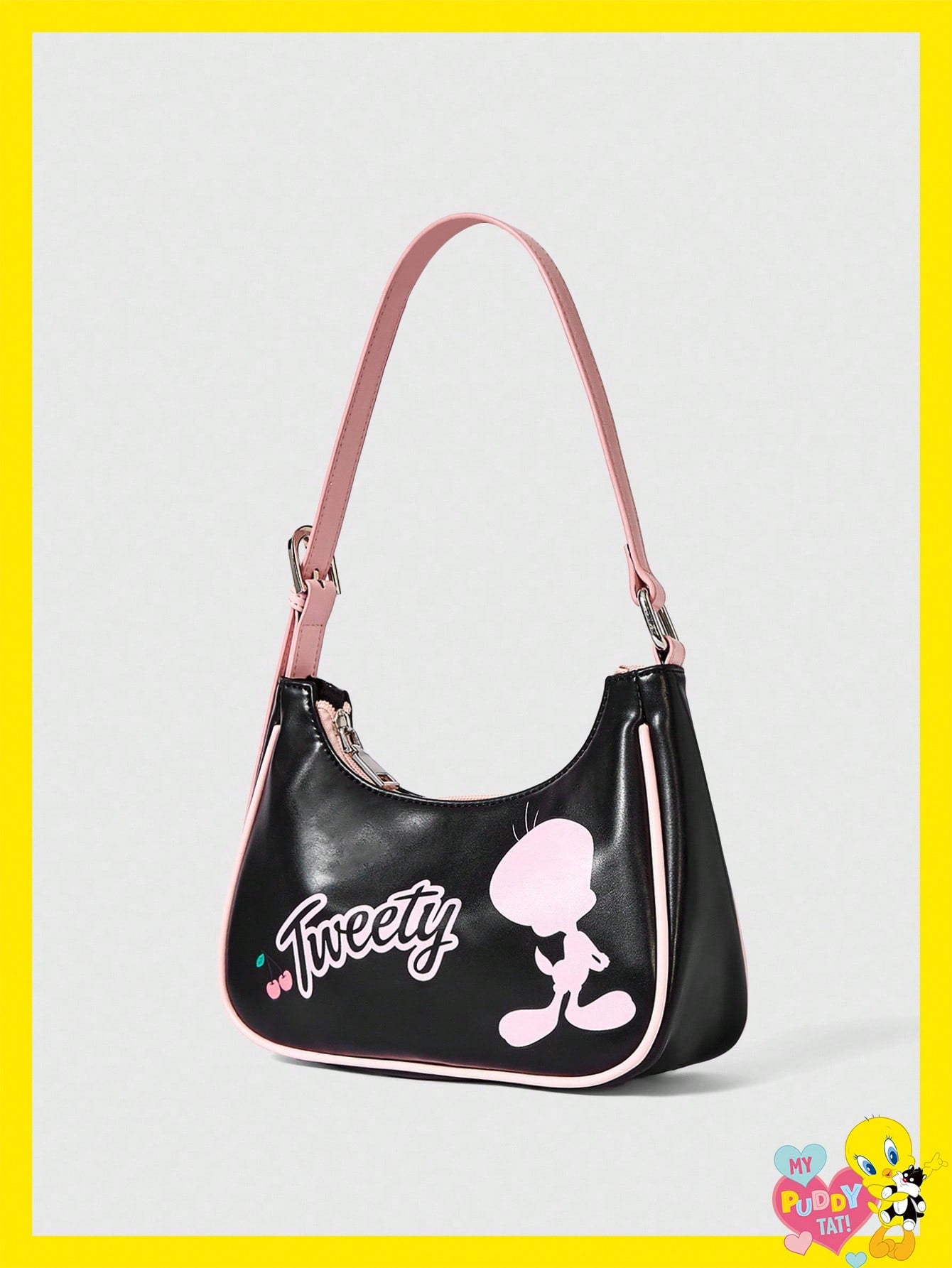 LOONEY TUNES X SHEIN Bolso de contraste negro y rosa con estampado de cerezas, estilo de señorita joven, versátil para salidas diarias y citas