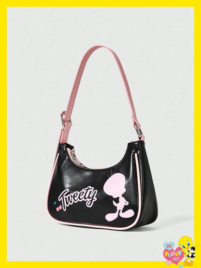 LOONEY TUNES X SHEIN Bolso de contraste negro y rosa con estampado de cerezas, estilo de señorita joven, versátil para salidas diarias y citas