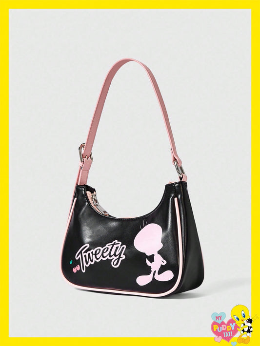 LOONEY TUNES X SHEIN Bolso de contraste negro y rosa con estampado de cerezas, estilo de señorita joven, versátil para salidas diarias y citas