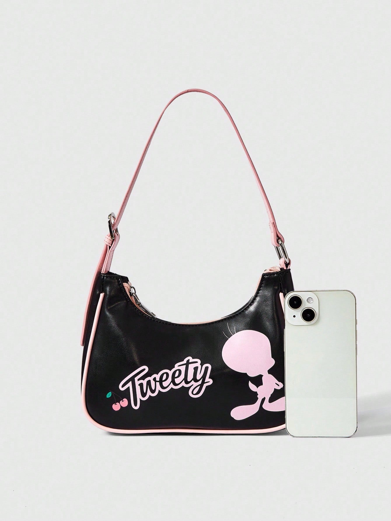 LOONEY TUNES X SHEIN Bolso de contraste negro y rosa con estampado de cerezas, estilo de señorita joven, versátil para salidas diarias y citas