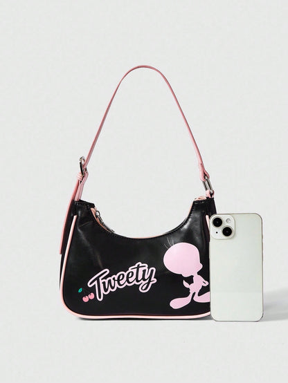 LOONEY TUNES X SHEIN Bolso de contraste negro y rosa con estampado de cerezas, estilo de señorita joven, versátil para salidas diarias y citas