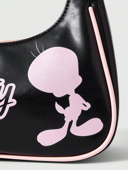LOONEY TUNES X SHEIN Bolso de contraste negro y rosa con estampado de cerezas, estilo de señorita joven, versátil para salidas diarias y citas