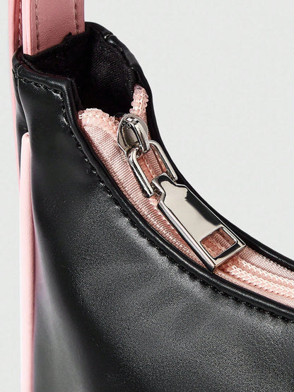 LOONEY TUNES X SHEIN Bolso de contraste negro y rosa con estampado de cerezas, estilo de señorita joven, versátil para salidas diarias y citas