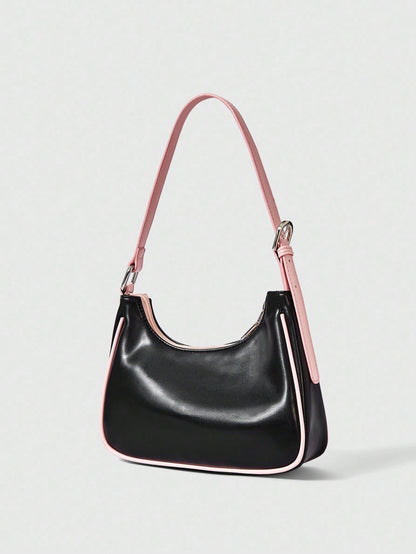 LOONEY TUNES X SHEIN Bolso de contraste negro y rosa con estampado de cerezas, estilo de señorita joven, versátil para salidas diarias y citas