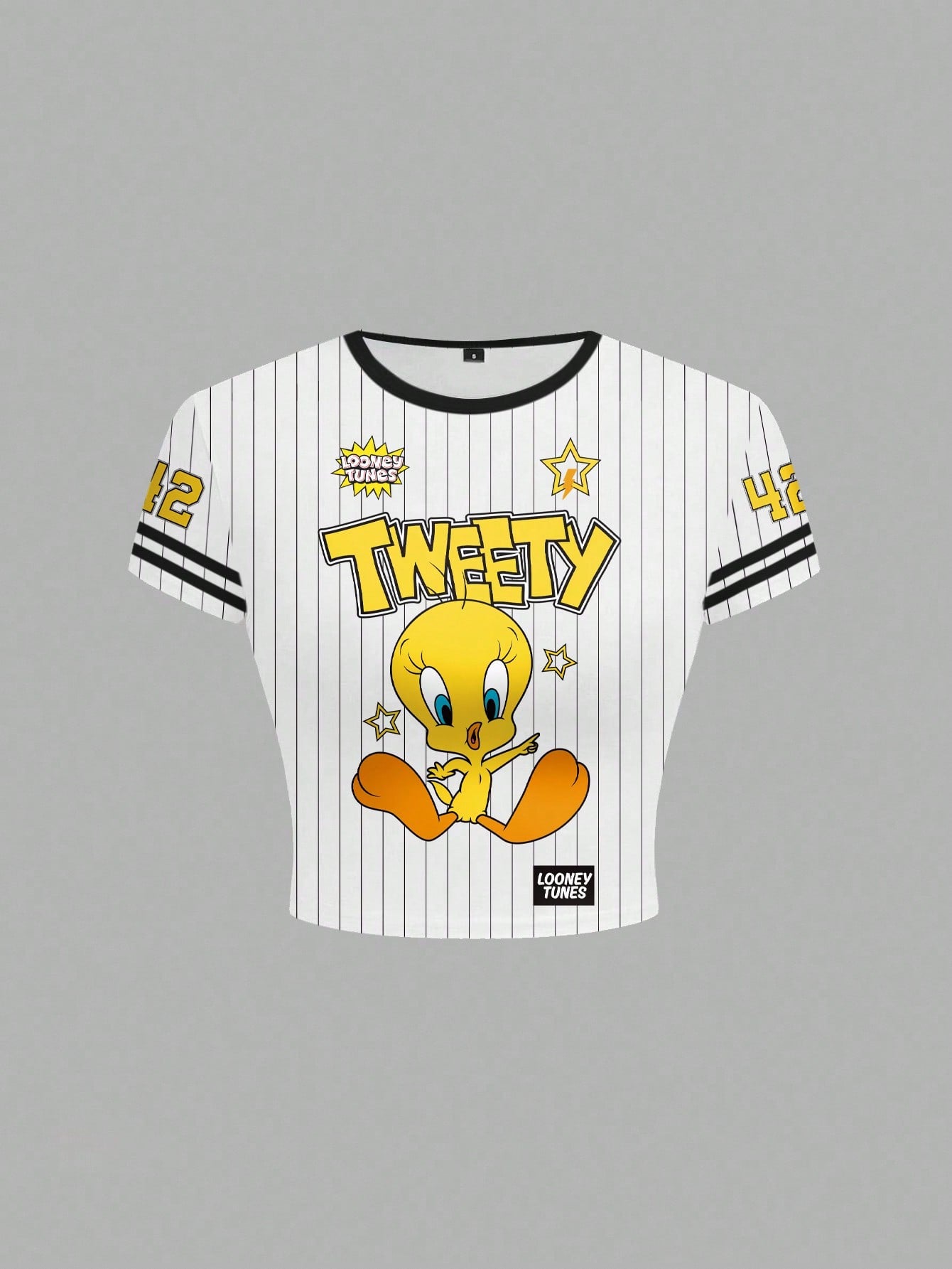 LOONEY TUNES X SHEIN Camiseta de manga corta con ajuste ceñido, con rayas y estampado de dibujos animados con ribete de contraste para mujer